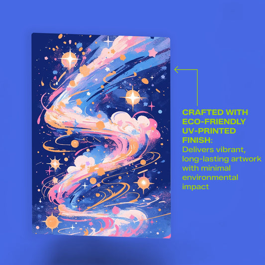 Close-up of a metal art poster featuring an abstract space nebula design with a text overlay highlighting the eco-friendly UV-printed finish and vibrant artwork.