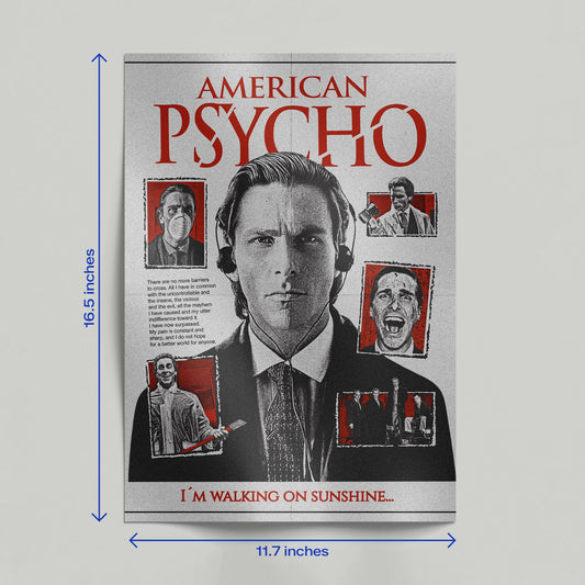 A hand holding up an American Psycho collage noir poster featuring Patrick Bateman outdoors against a blurred white textured background.