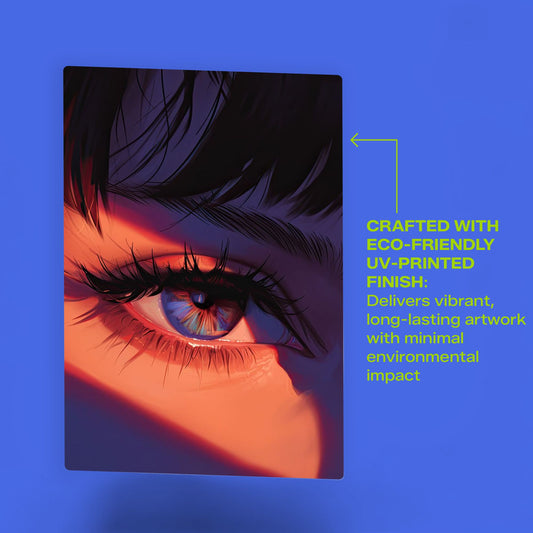 anime girl aesthetic eye close up metal poster with eco friendly uv printed finish text