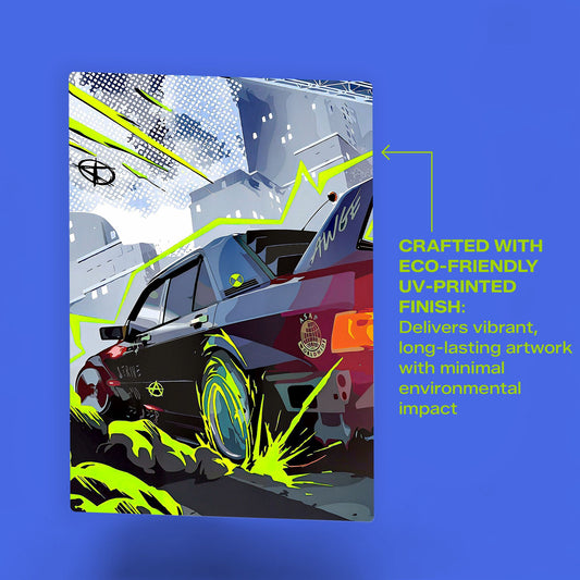 BMW M3 E30 automotive wall art metal poster featuring a vibrant eco-friendly UV-printed finish and street race aesthetic.