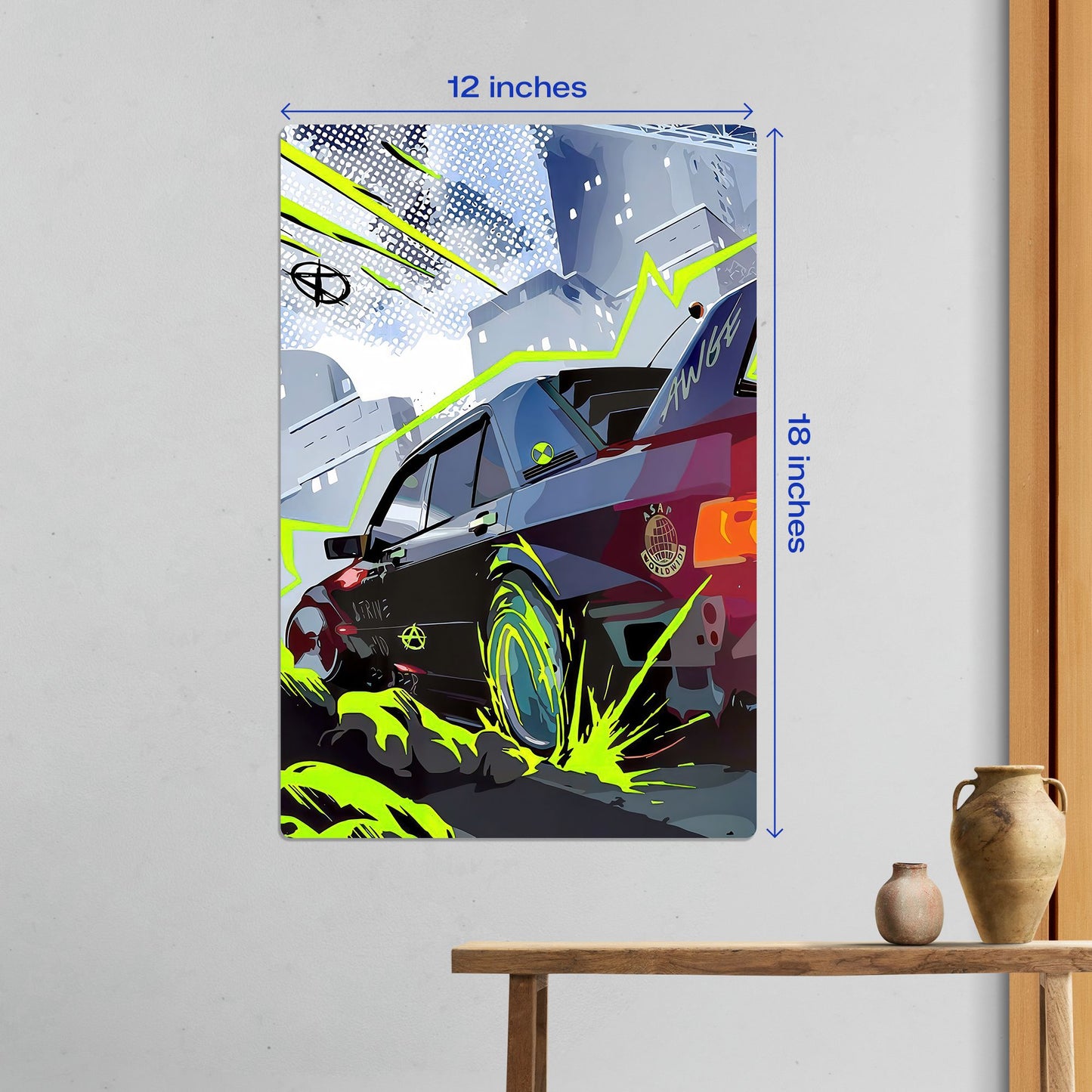 Medium 12x18 inch BMW M3 E30 street racing metal poster shown as high-quality garage or home office wall art.