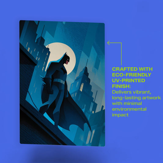 Eco-friendly UV-printed Batman metal poster with a vibrant finish and minimalist Gotham City art style.