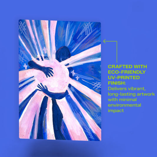 Blue and pink abstract metal poster featuring an eco-friendly UV-printed finish and vibrant artwork.