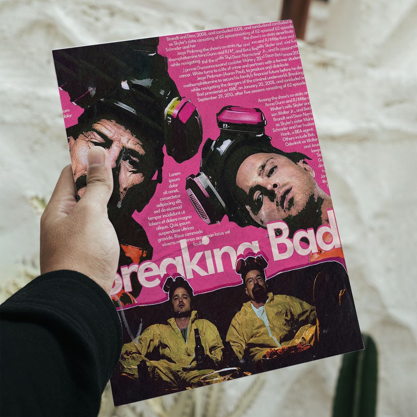 Breaking Bad pink collage art poster with 16.5 by 11.7 inch dimensions featuring Walter White and Jesse Pinkman in gas masks.