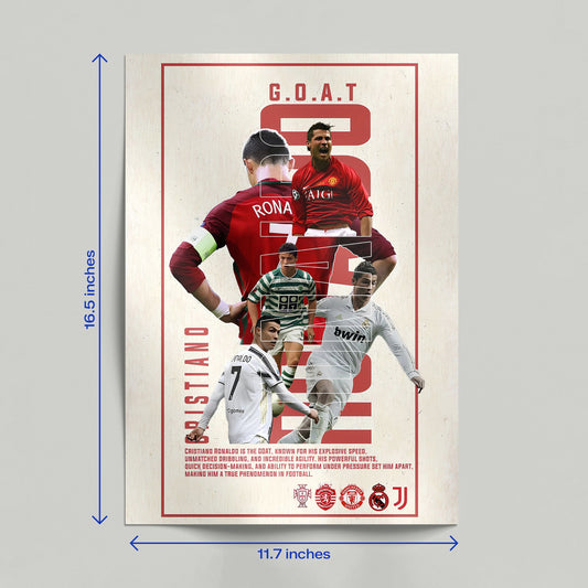 Cristiano Ronaldo GOAT tribute art print with career statistics and team logos leaning against a neutral wall.