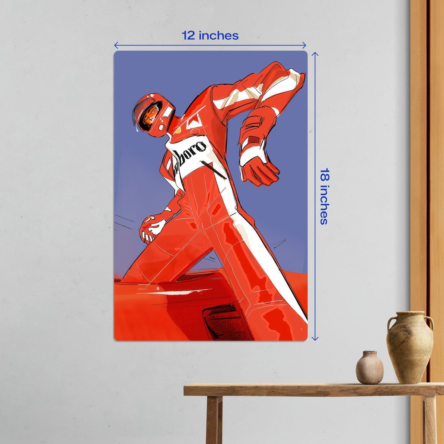 f1 driver in red marlboro racing suit standing on car metal poster 12 by 18 inches medium size