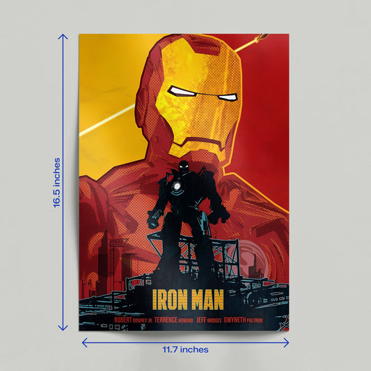 Close-up of a hand holding the printed Iron Man Retro Armor Silhouette Poster, displaying the high-quality print and vibrant red and yellow colors of the superhero wall art.