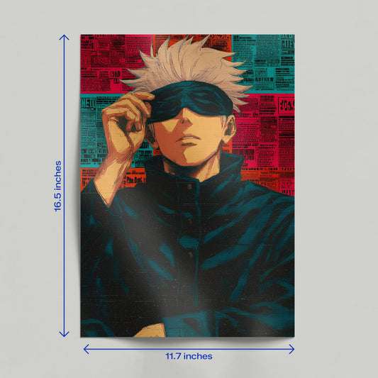 Hand holding a Jujutsu Kaisen Gojo Satoru poster featuring detailed anime artwork and a stylized multi-colored background.