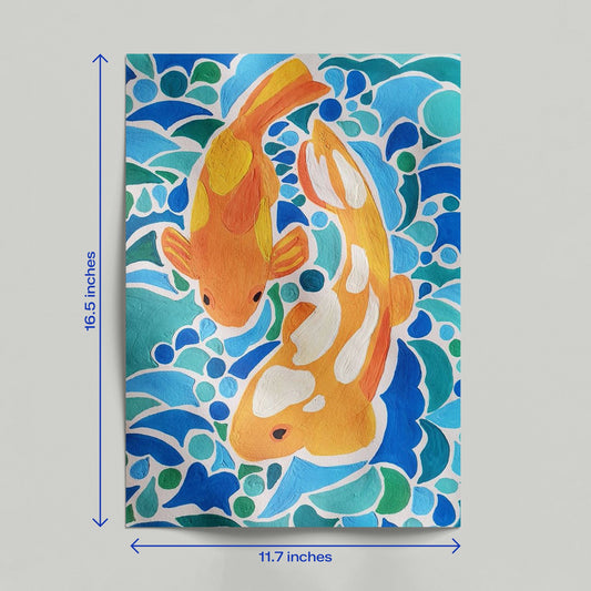Hand holding a vibrant koi fish illustration poster featuring expressive brushstrokes and blue waves.