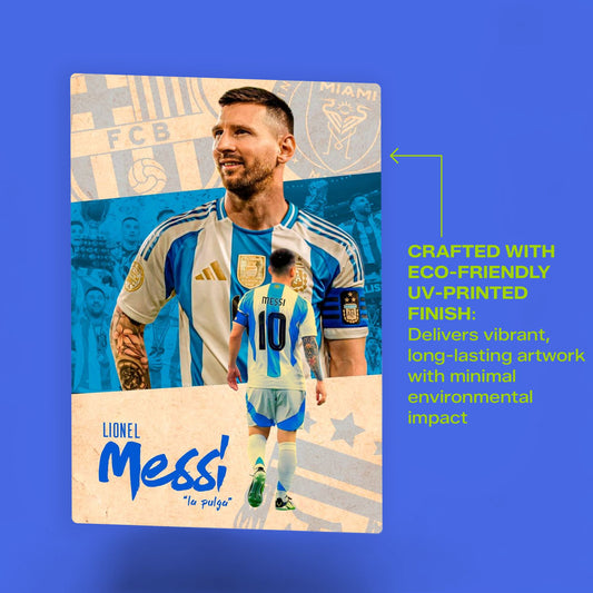 Lionel Messi Argentina football legend metal poster featuring eco-friendly UV-printed finish and vibrant artwork