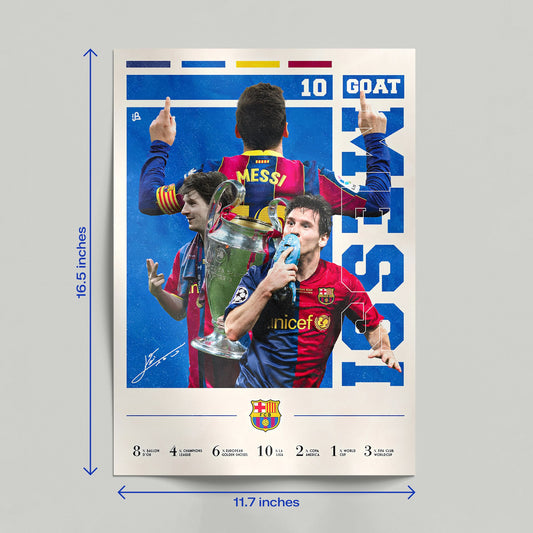 Hand holding a Lionel Messi Barcelona legacy collage poster showcasing the high-quality print detail of the sports wall art.