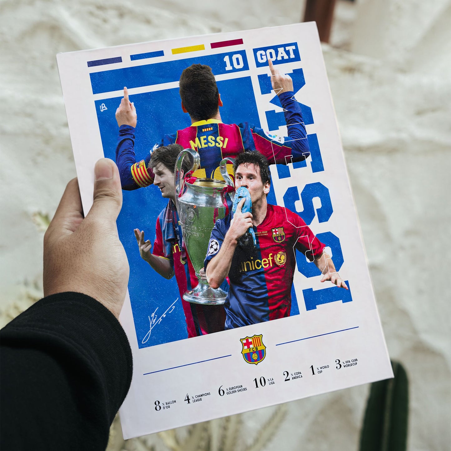 Lionel Messi Barcelona legacy collage poster showing career highlights and trophy statistics with dimensions of 16.5 by 11.7 inches.