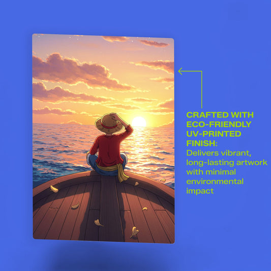 Luffy One Piece Sunset Metal Poster featuring a vibrant eco-friendly UV-printed finish that captures every golden sunset detail