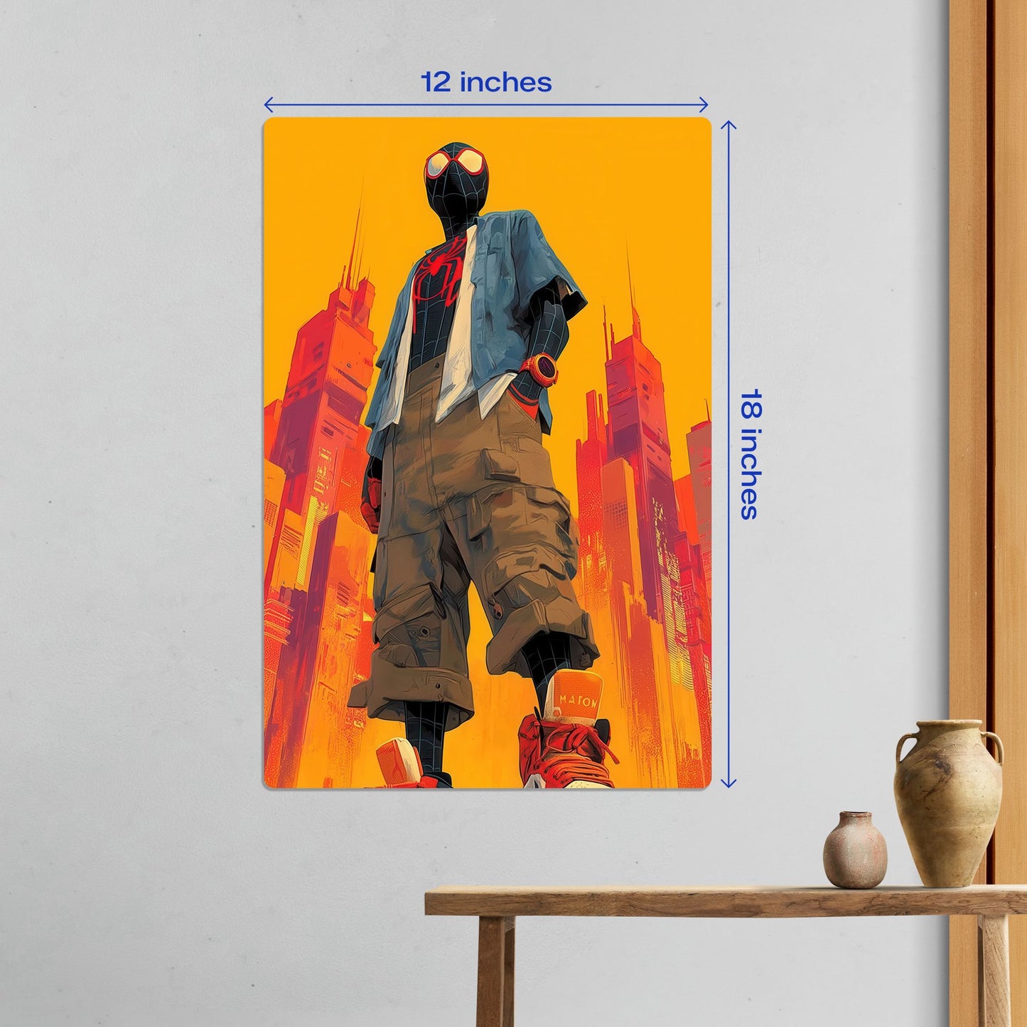 Small 8 by 12 inch Miles Morales Spider-Verse metal poster ideal for bedroom or small workspace wall decor.