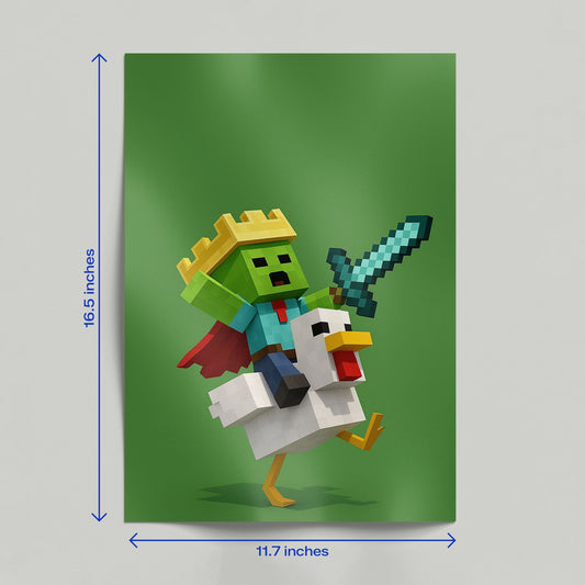 A person holding a Minecraft art print of a Zombie King on a chicken to demonstrate size and print quality.