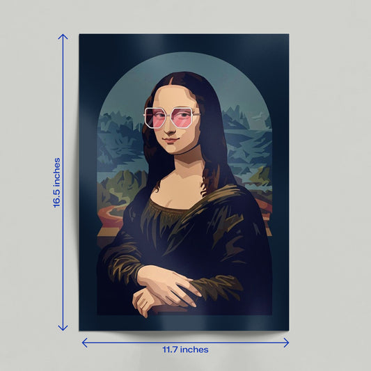 A person holding a Mona Lisa pop art print with pink sunglasses to showcase the vibrant colors and finish.