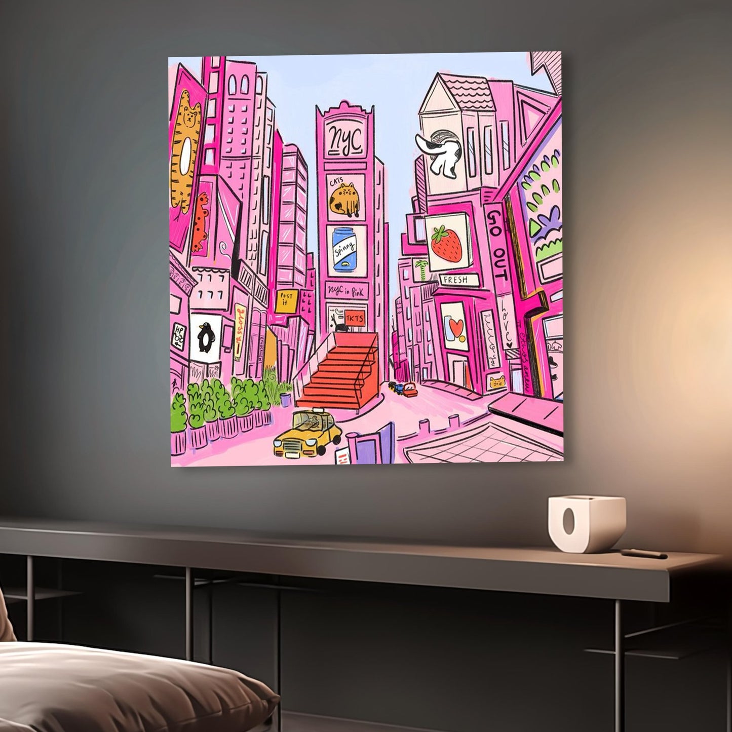 NYC Times Square Pink Whimsical Illustration Square Poster