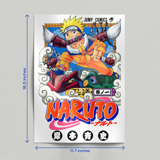 Hand holding a Naruto Uzumaki manga cover poster with vibrant orange and blue classic artwork.