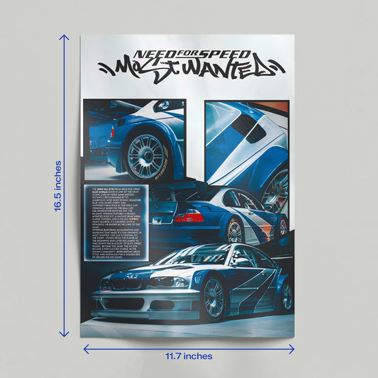Hand holding a vibrant Need For Speed BMW M3 GTR Most Wanted automotive art print with a street racing aesthetic.