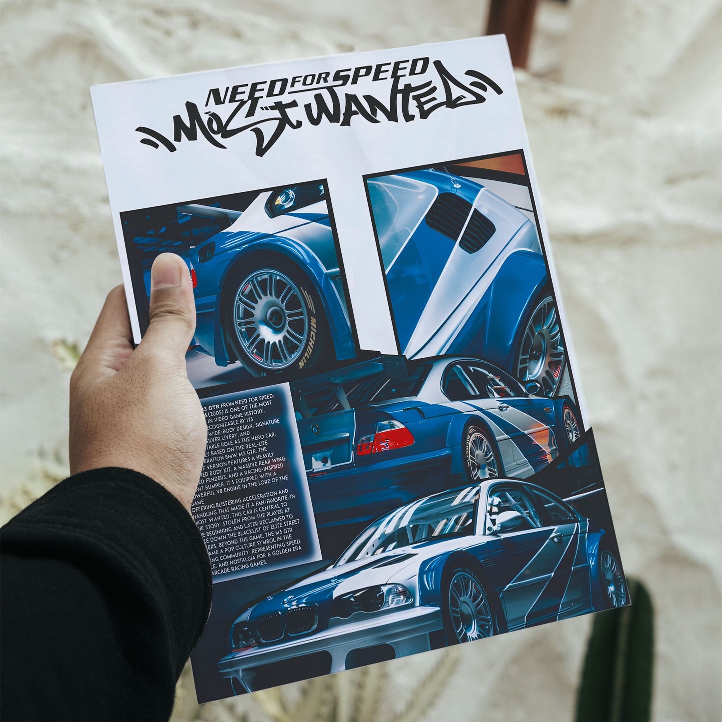 Need For Speed BMW M3 GTR Most Wanted car poster with 16.5 by 11.7 inch dimensions featuring a blue and silver livery.