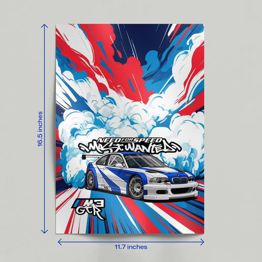 Hand holding a Need For Speed Most Wanted gaming poster with high-octane BMW M3 GTR artwork and street racing style.