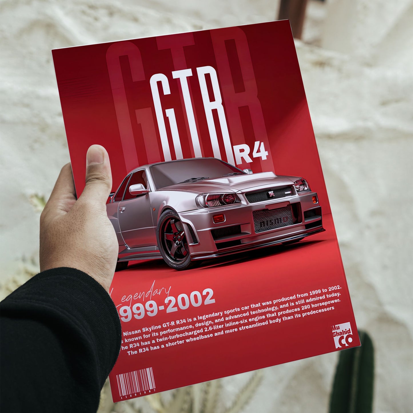 Silver Nissan Skyline GT-R R34 sports car poster on a red background with dimensions indicated as 11.7 inches height by 8.3 inches width.