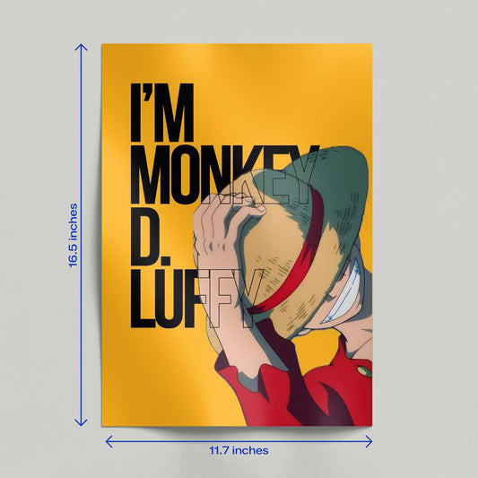 Close up of a hand holding the Monkey D. Luffy One Piece anime poster showing high quality print and paper texture.