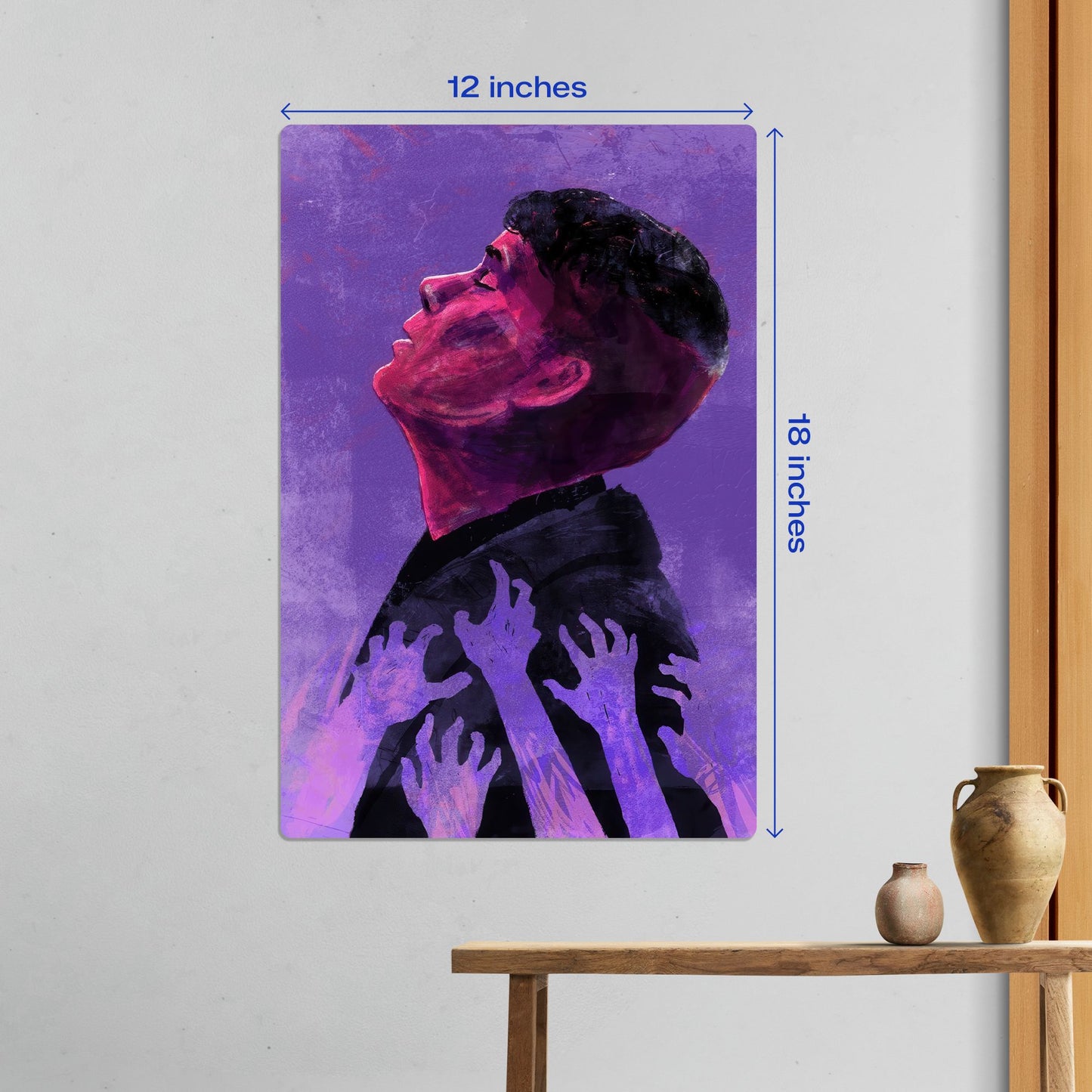 Medium 12x18 inch purple abstract metal poster scaled against interior decor to show the versatile size for gallery walls.