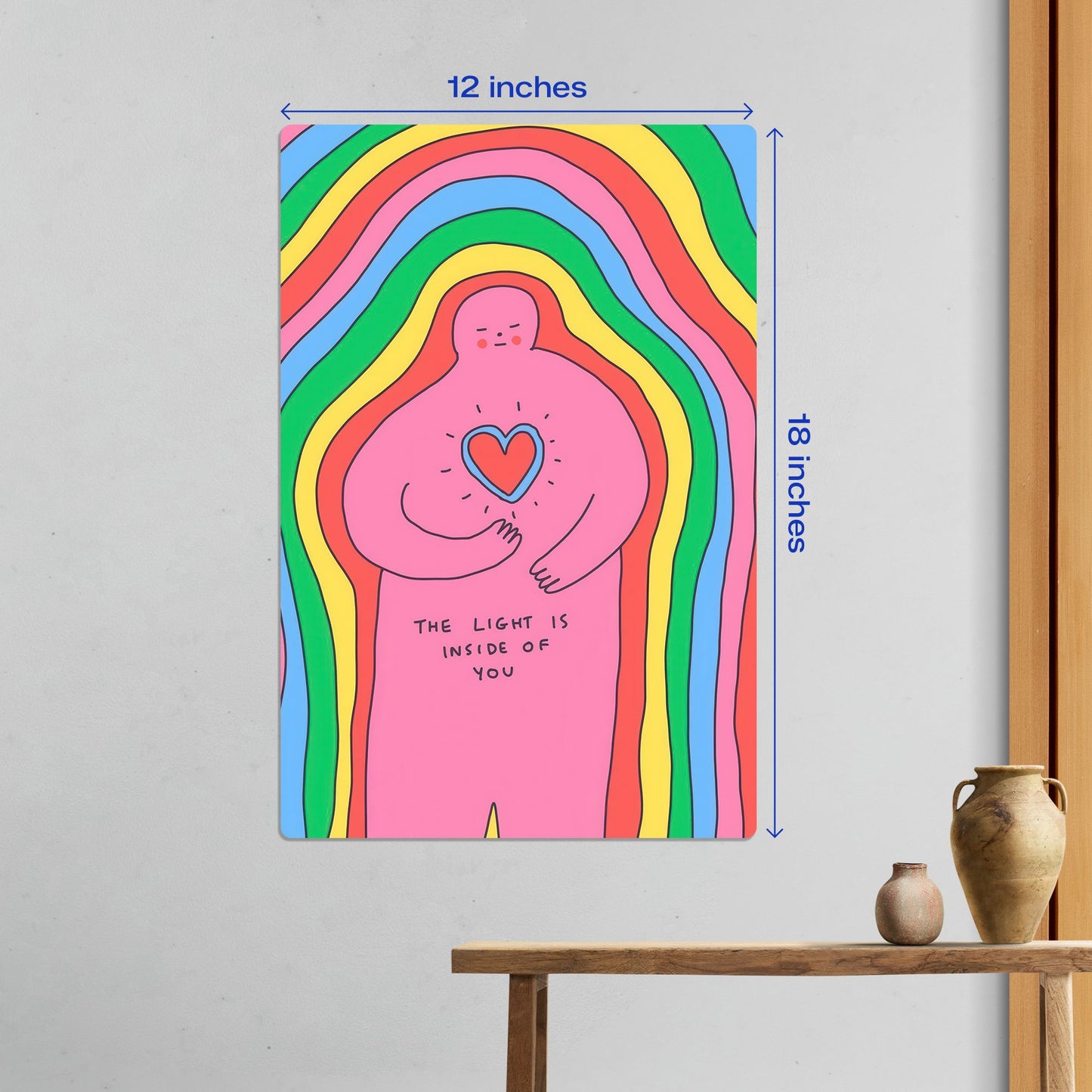 Medium 12x18 inch size guide for the Rainbow Heart Inner Light metal poster highlighting dimensions on a gallery wall.