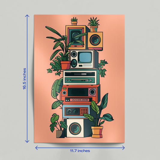 A person holding a retro electronics art poster featuring a vertical stack of vintage speakers and televisions intertwined with vines.