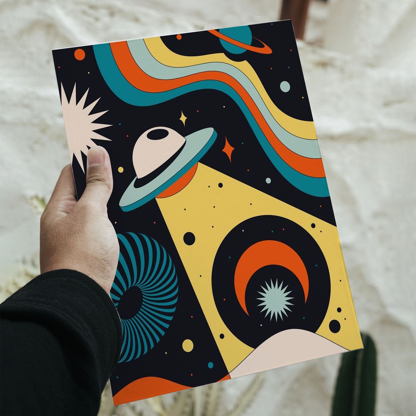 Retro space art poster with UFO beam and cosmic waves measuring 8.3 by 11.7 inches.