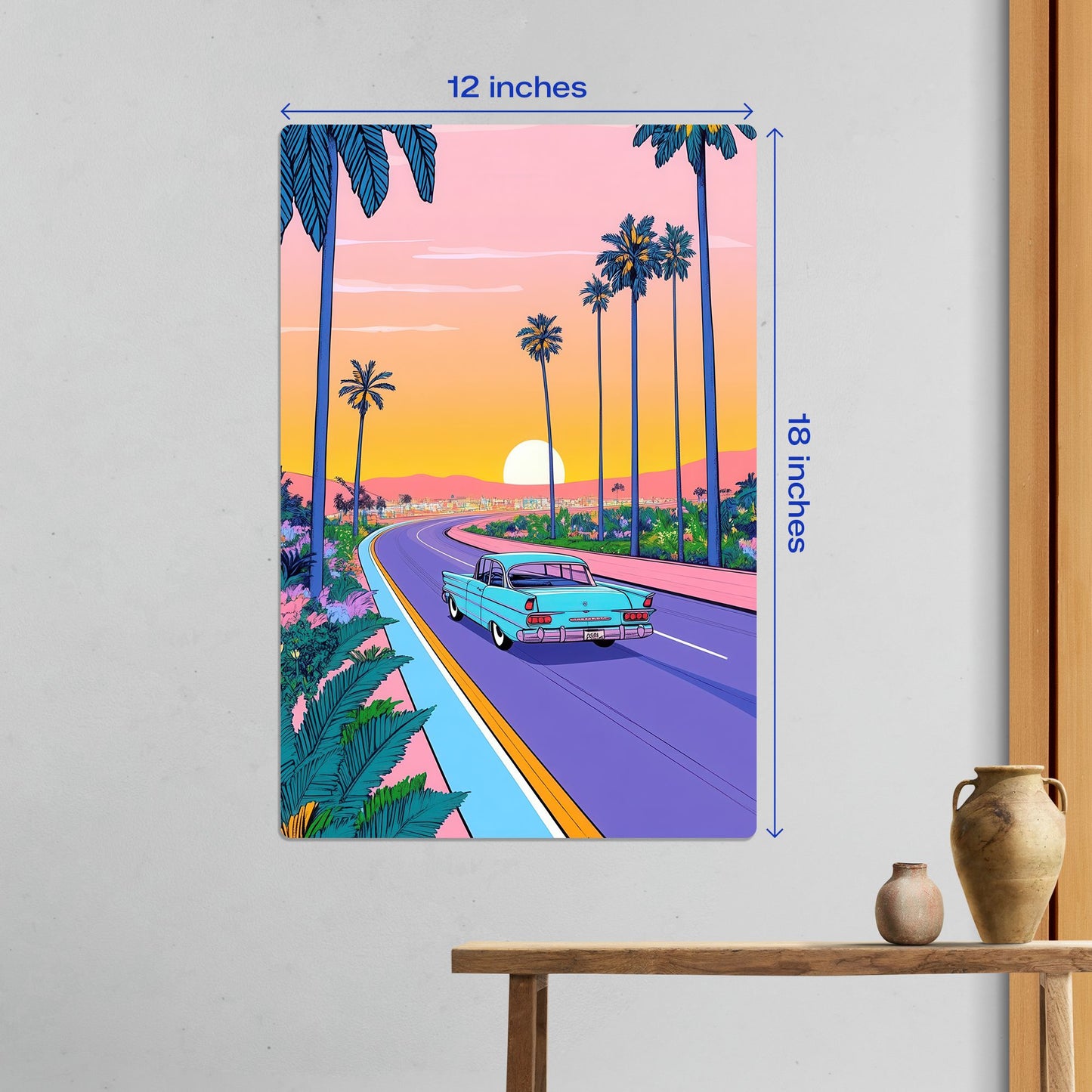 Medium 12 by 18 inch vaporwave aesthetic metal poster shown in a home interior setting with dimensions.