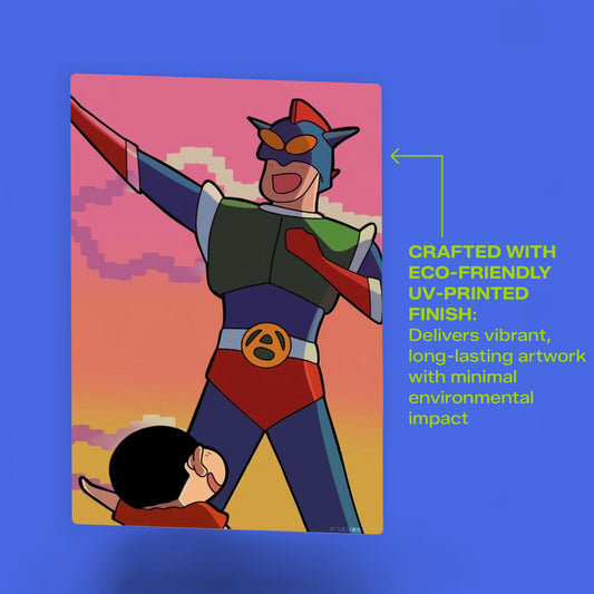 Close-up of the Shin Chan and Action Mask metal poster highlighting the eco-friendly UV-printed finish for long-lasting and vibrant anime artwork.