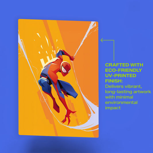 Spider-Man Marvel Art Metal Poster featuring a close-up of the eco-friendly UV-printed finish and vibrant orange tones