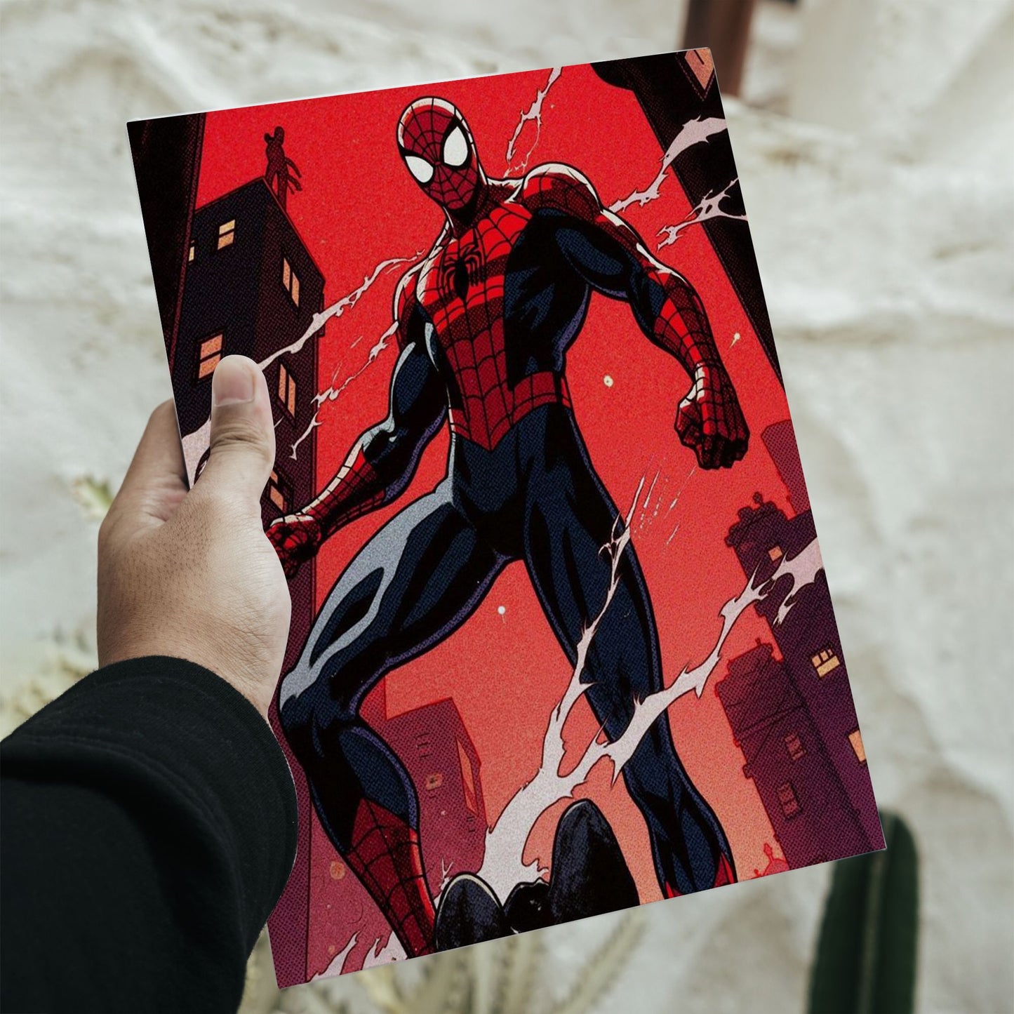 A retro comic book style Spider-Man poster with 11.7 by 16.5 inch dimensions featuring the vigilante hero overlooking a red city skyline.