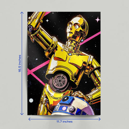 A hand holding a retro Star Wars C-3PO comic art poster featuring vibrant gold and pink cosmic design elements.