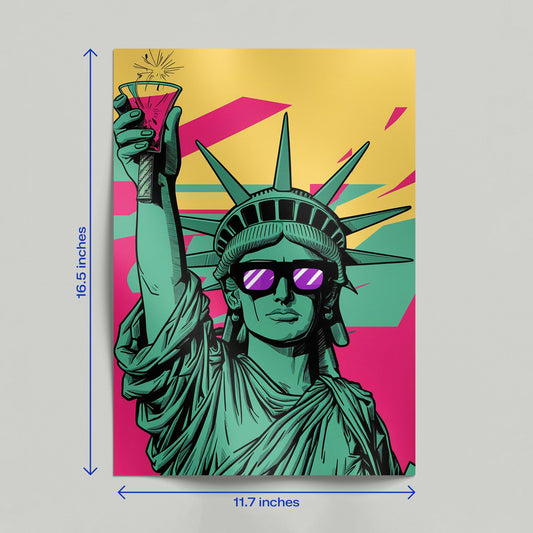 A person holding a Statue of Liberty pop art poster featuring a teal lady liberty wearing purple reflective shades.