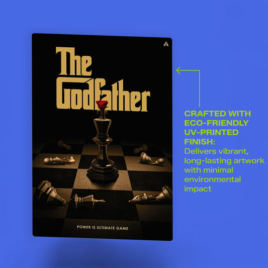The Godfather movie metal poster on a concrete floor highlighting the eco-friendly UV-printed vibrant finish.