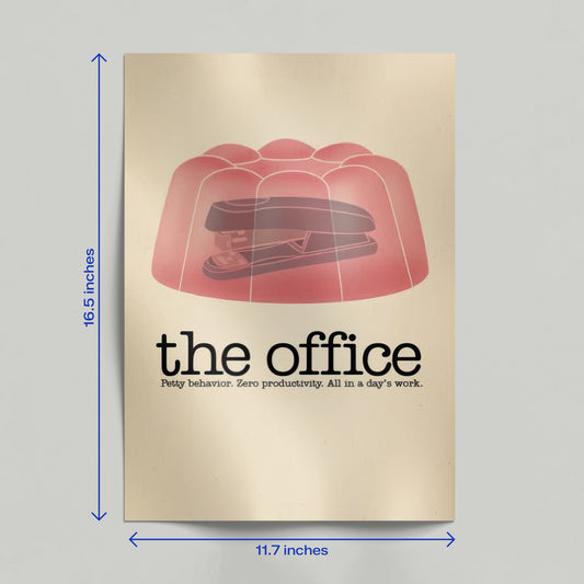 A person holding a physical high-quality print of The Office minimalist poster featuring the stapler in jello and show tagline.