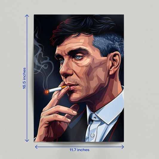 Close up shot of a hand holding the high quality matte finish Thomas Shelby Peaky Blinders character art poster.
