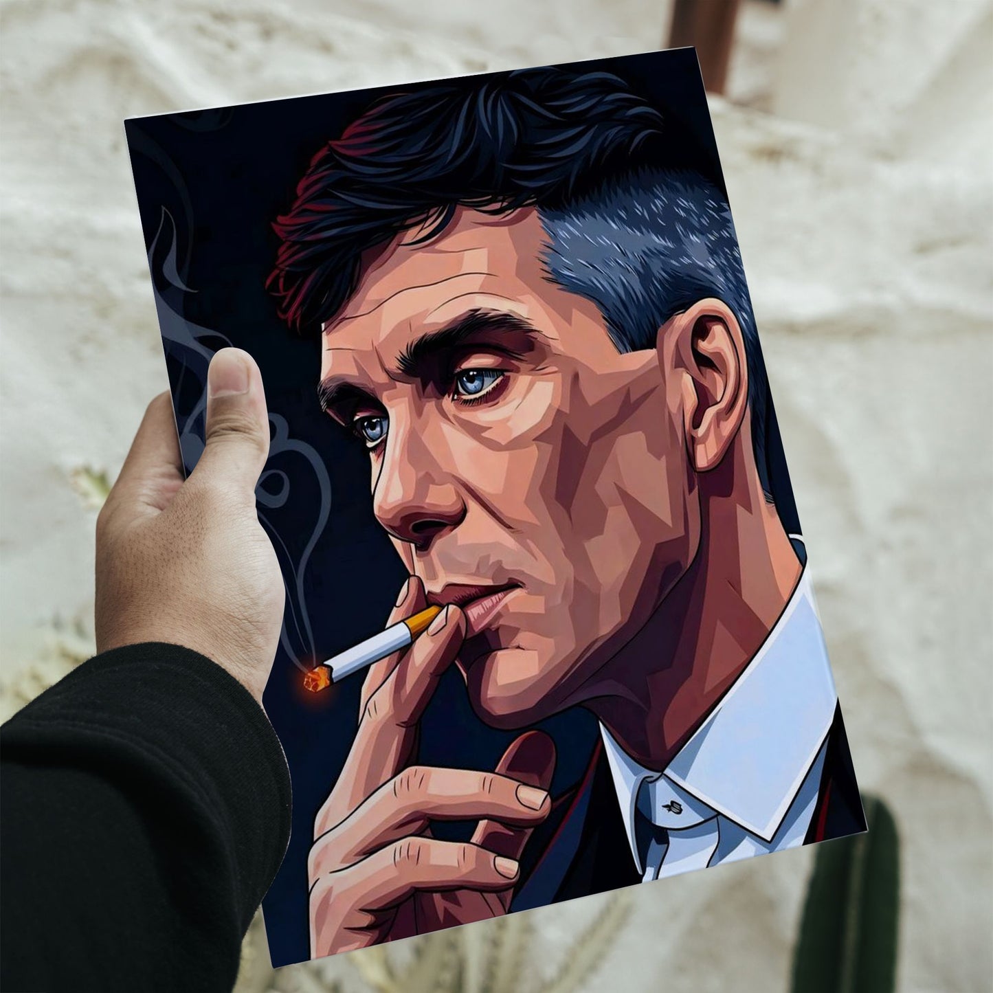 Thomas Shelby Peaky Blinders vector art poster in A3 size measuring 11.7 by 16.5 inches featuring Cillian Murphy smoking.
