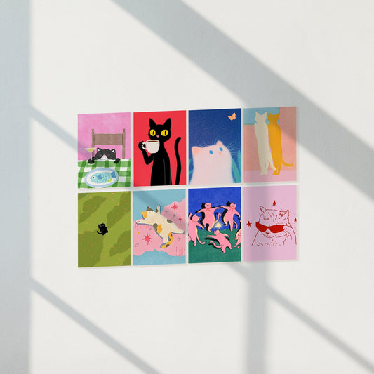 Whimsical & Colorful Cat Illustration Posters Set of 8