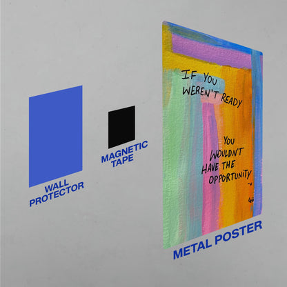 Mounting instructions diagram for the abstract motivational metal poster featuring magnetic tape and wall protector.