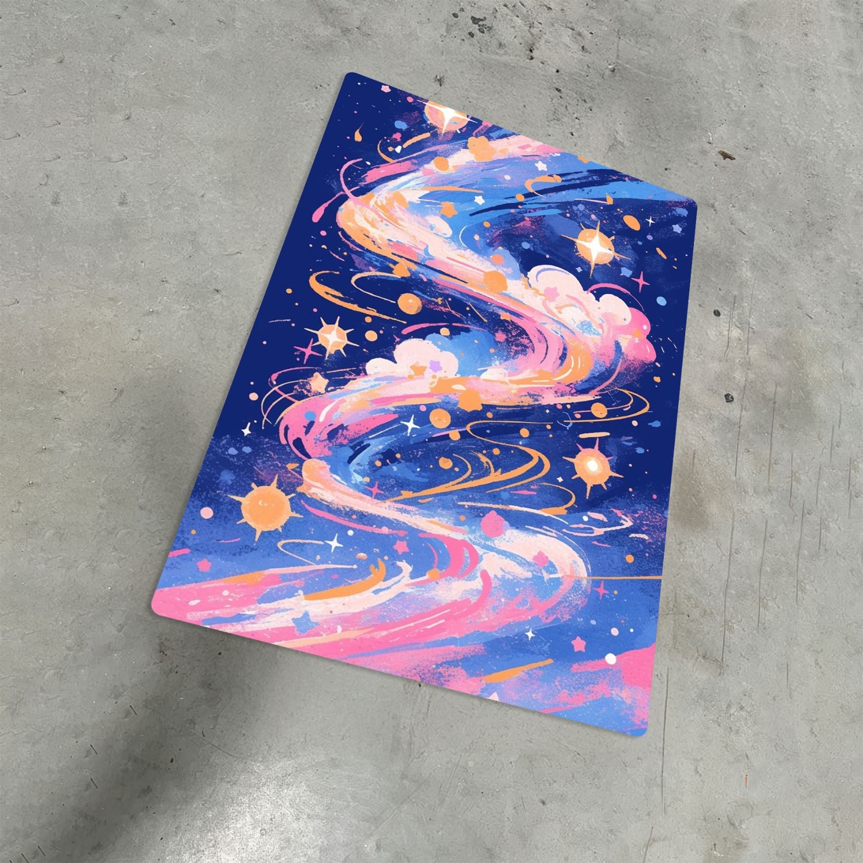Colorful abstract galaxy nebula space art metal poster with vibrant blue pink and orange swirling celestial patterns on a dark navy background.