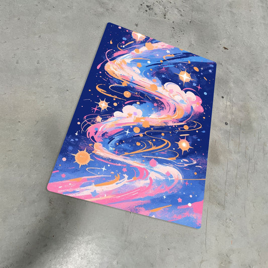 Colorful abstract galaxy nebula space art metal poster with vibrant blue pink and orange swirling celestial patterns on a dark navy background.