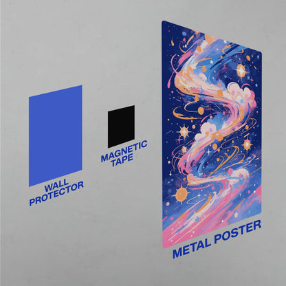 Diagram showing the three components of a mounting system for a metal poster including a blue wall protector a black magnetic tape and the space art poster.