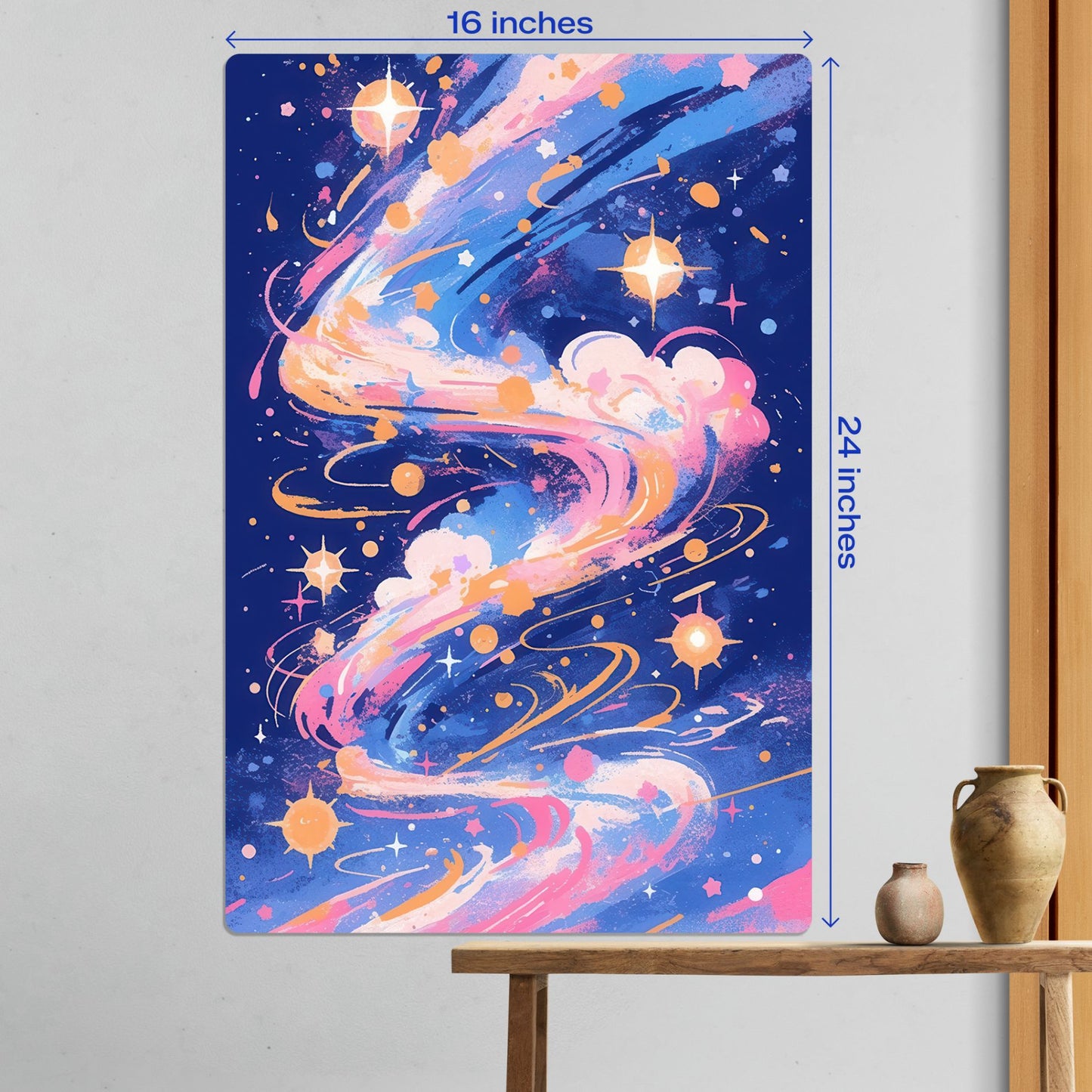 Large size abstract galaxy nebula space metal poster displayed on a wall above a wooden table measuring 16 inches by 24 inches.