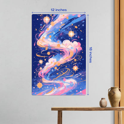 Medium size abstract galaxy nebula space metal poster displayed on a wall above a wooden table measuring 12 inches by 18 inches.