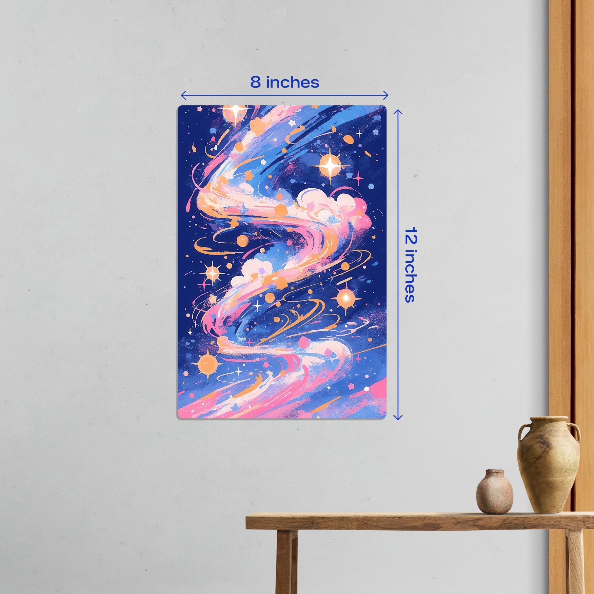 Small size abstract galaxy nebula space metal poster displayed on a wall above a wooden table measuring 8 inches by 12 inches.