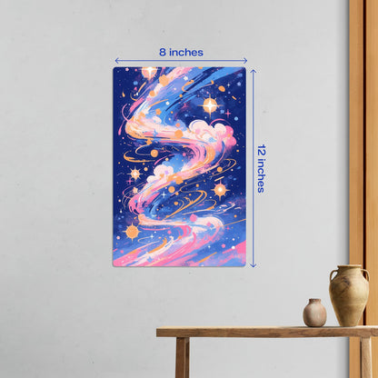Small size abstract galaxy nebula space metal poster displayed on a wall above a wooden table measuring 8 inches by 12 inches.